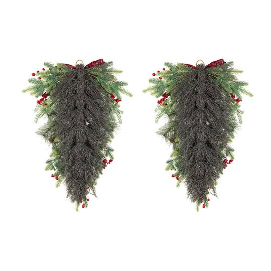 Glitzhome® 28" Christmas Bell Pinecone & Berry Bow Teardrop, Set of 2